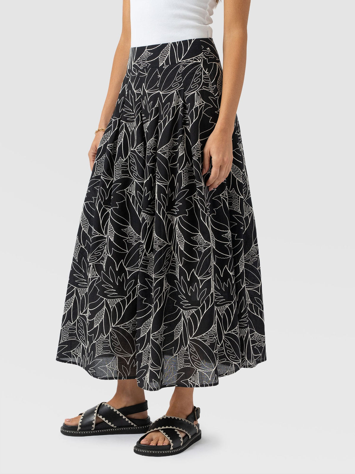Eliza Pleated Skirt - Black Embroidered