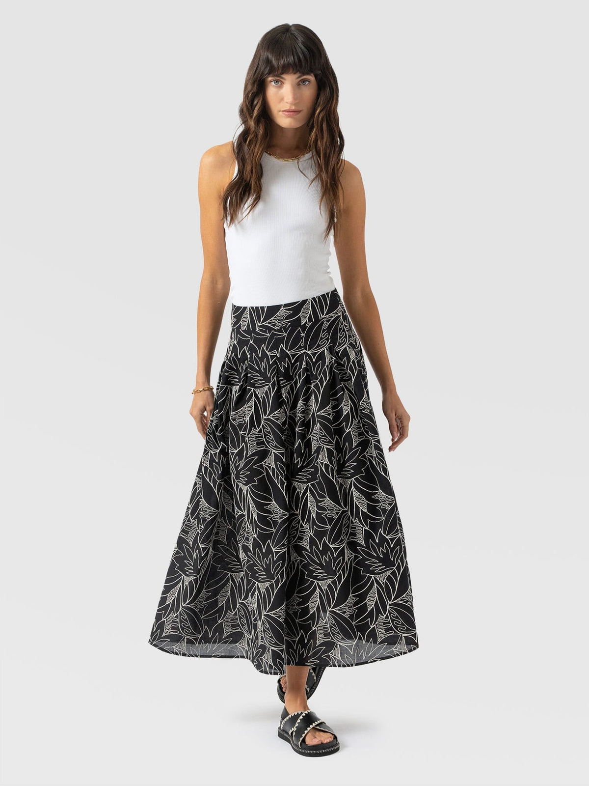 Eliza Pleated Skirt - Black Embroidered