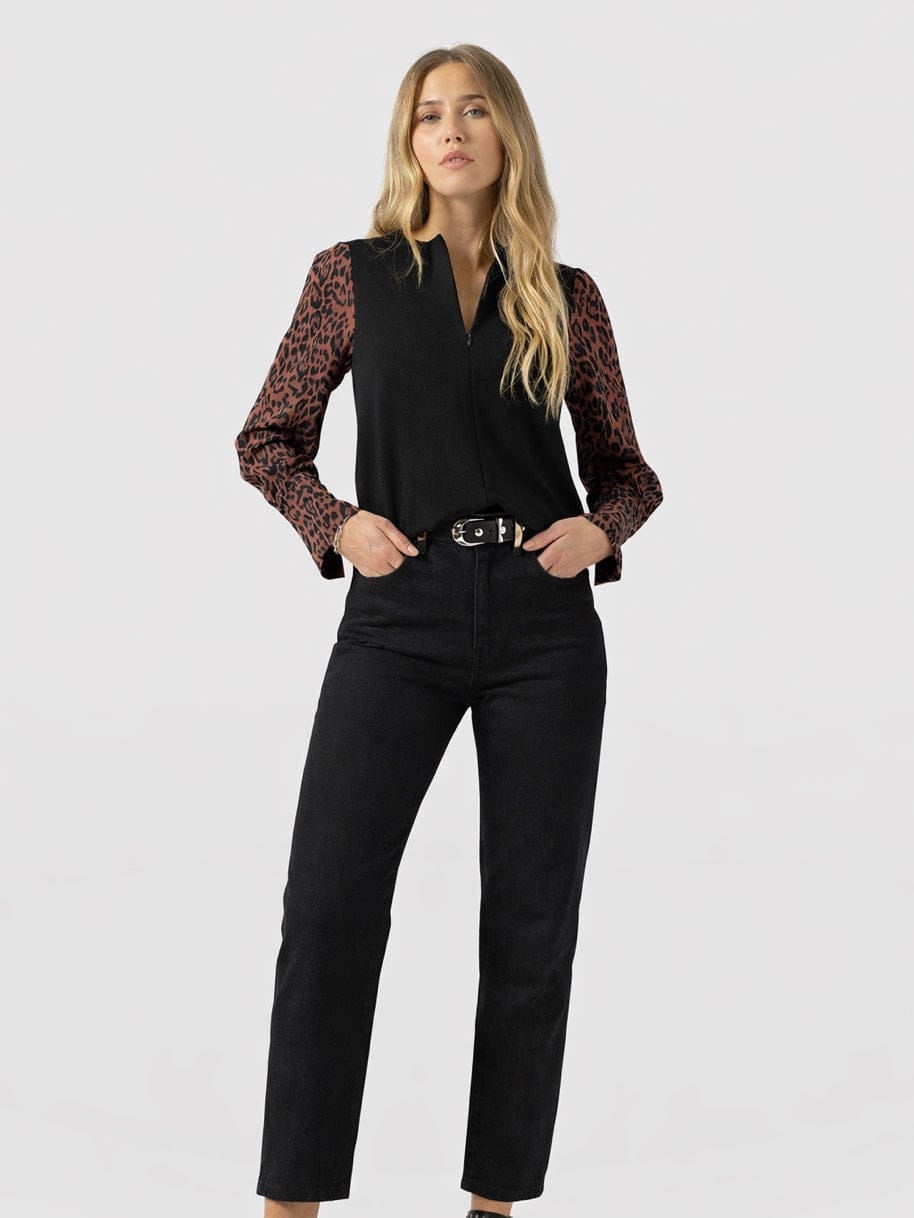 Ella Zip Up Top - Brown Leopard