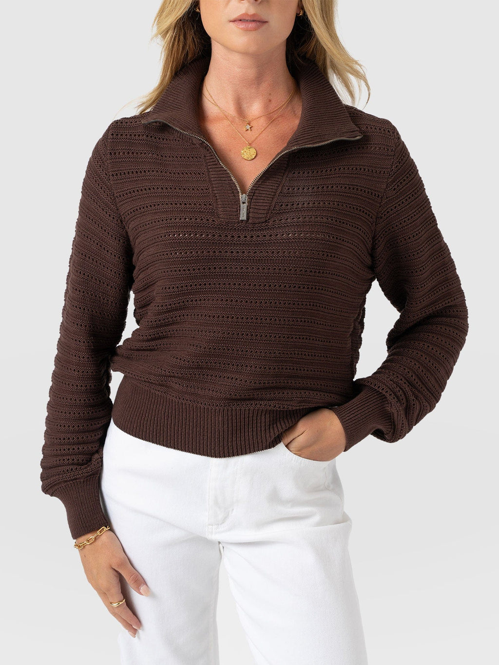 Ester Quarter Zip Knit - Chocolate