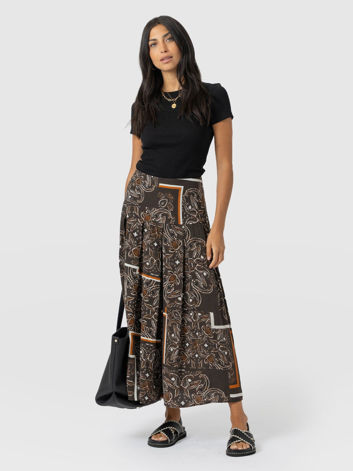Everly Pleated Skirt - Brown Paisley