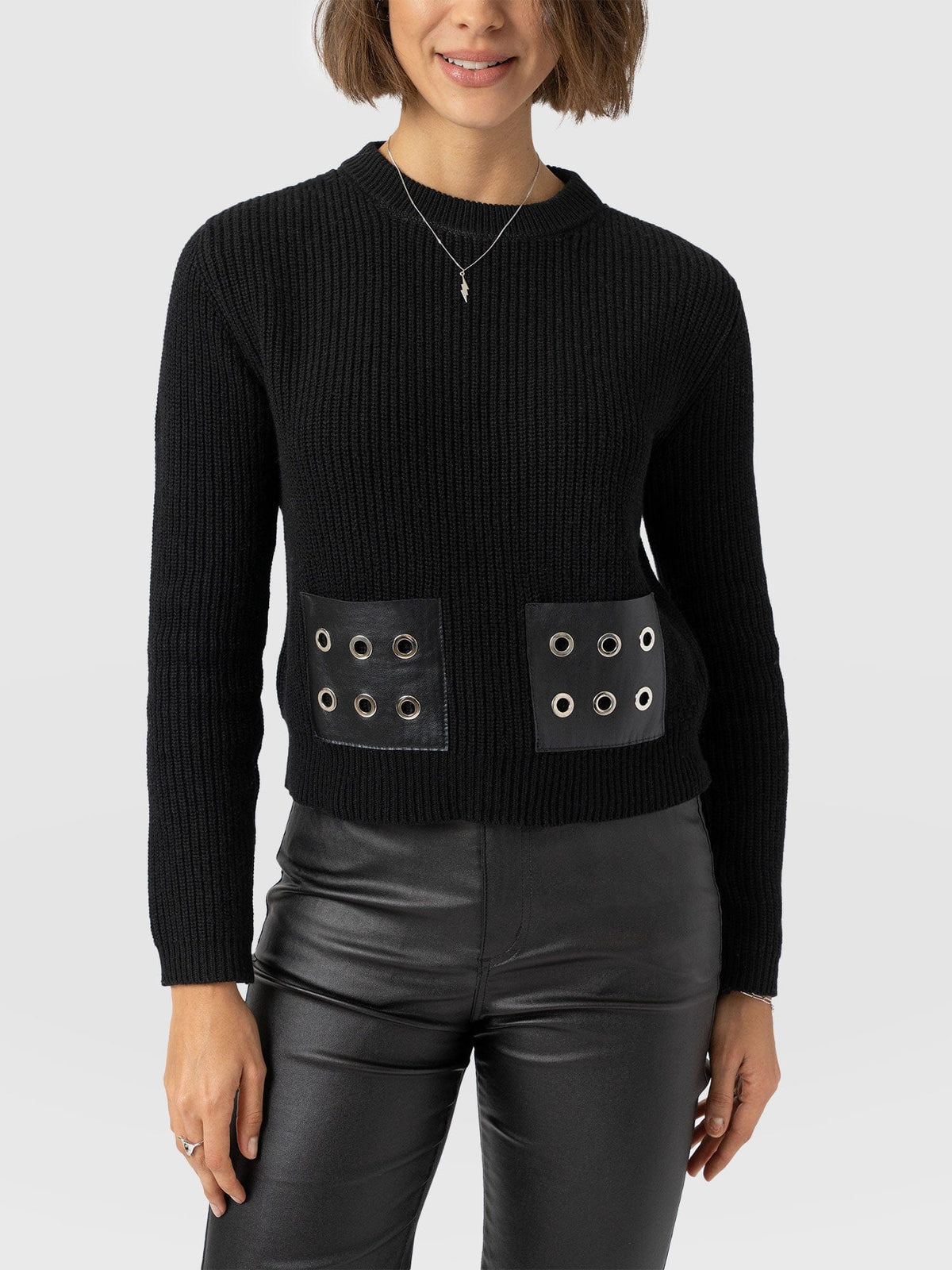 Eyelet Rib Knit Sweater - Black