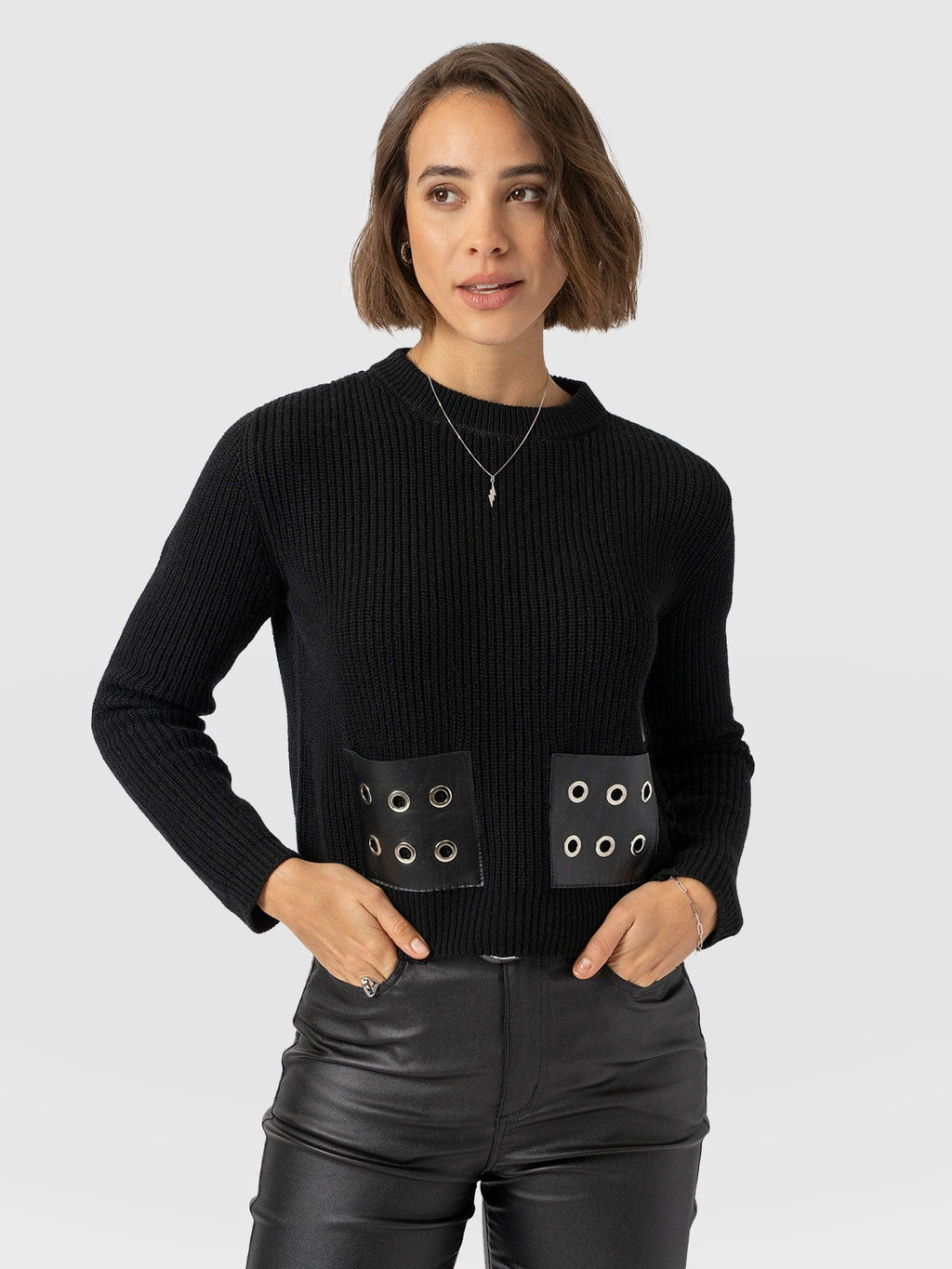 Eyelet Rib Knit Sweater - Black