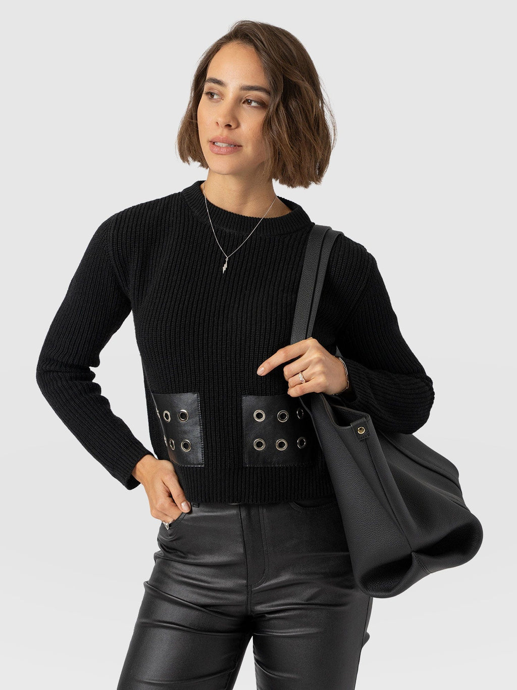 Eyelet Rib Knit Sweater - Black