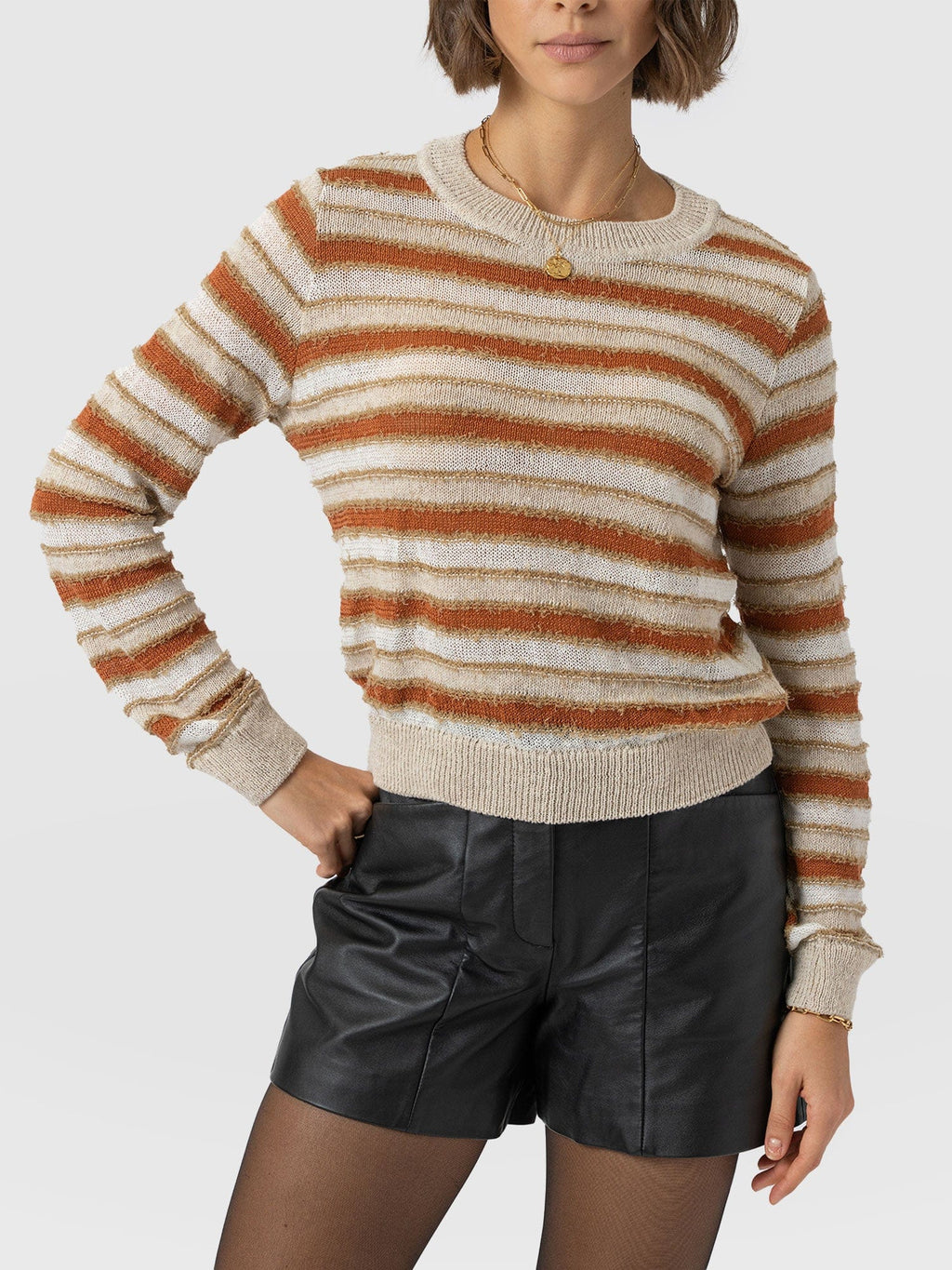Fearne Knit Long Sleeve Tee - Rust Stripe