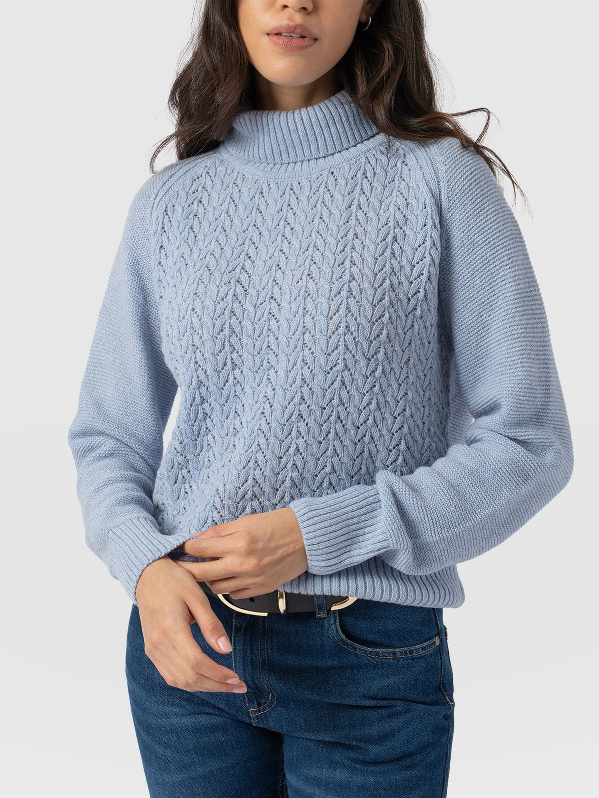 Glen Cable Knit Sweater - Pale Blue