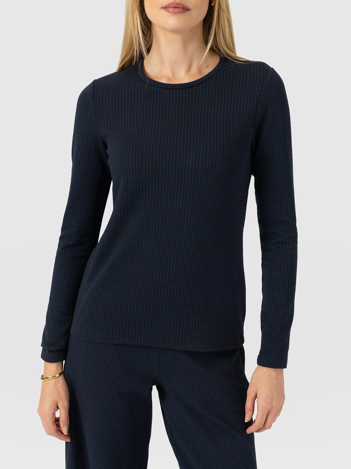 Keller Crew Neck Tee Long Sleeve - Navy Mini Houndstooth