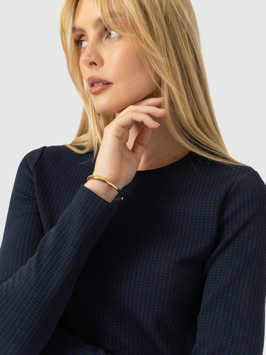 Keller Crew Neck Tee Long Sleeve - Navy Mini Houndstooth