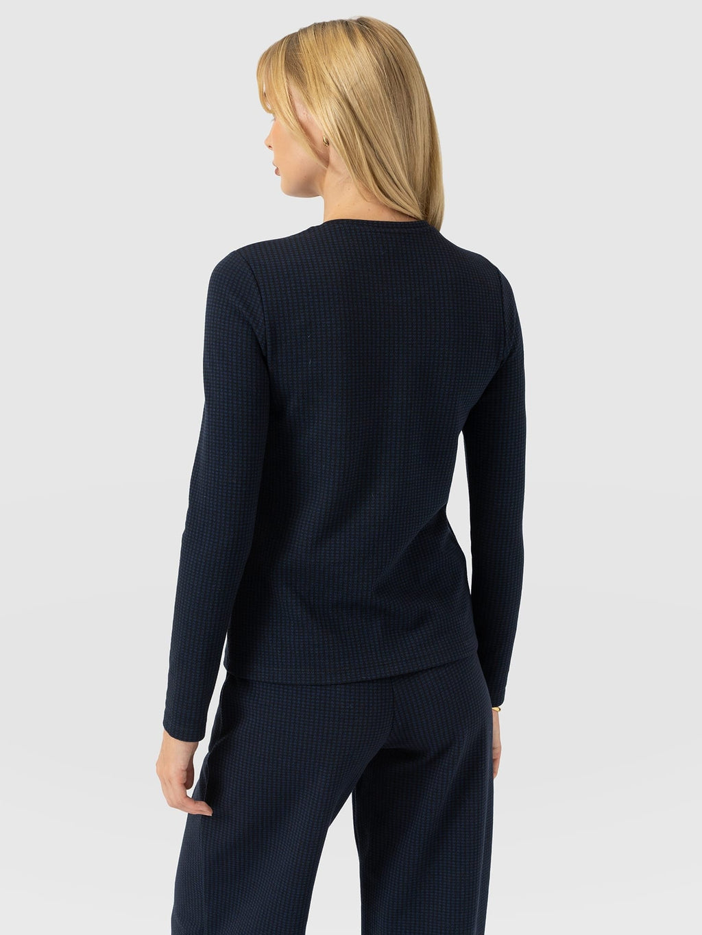 Keller Crew Neck Tee Long Sleeve - Navy Mini Houndstooth