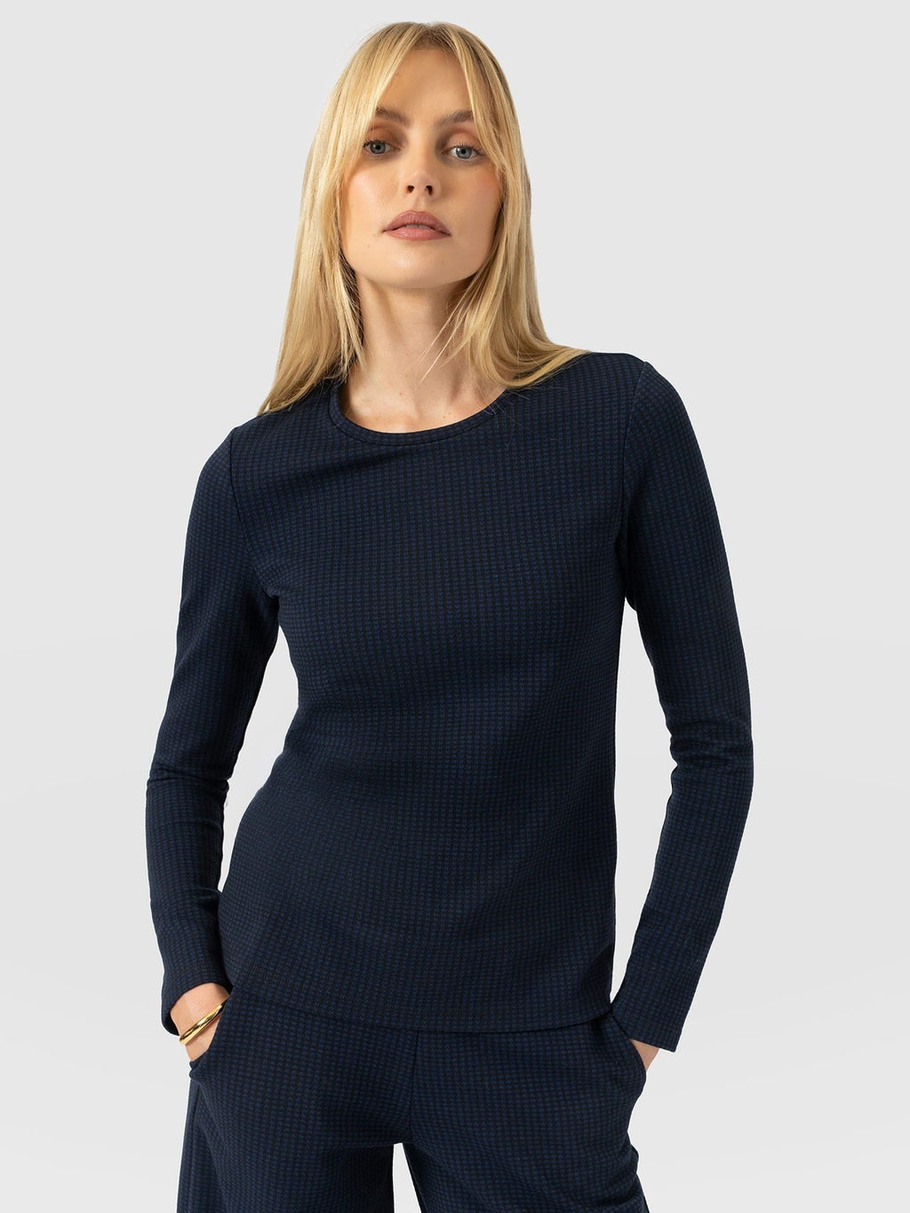 Keller Crew Neck Tee Long Sleeve - Navy Mini Houndstooth