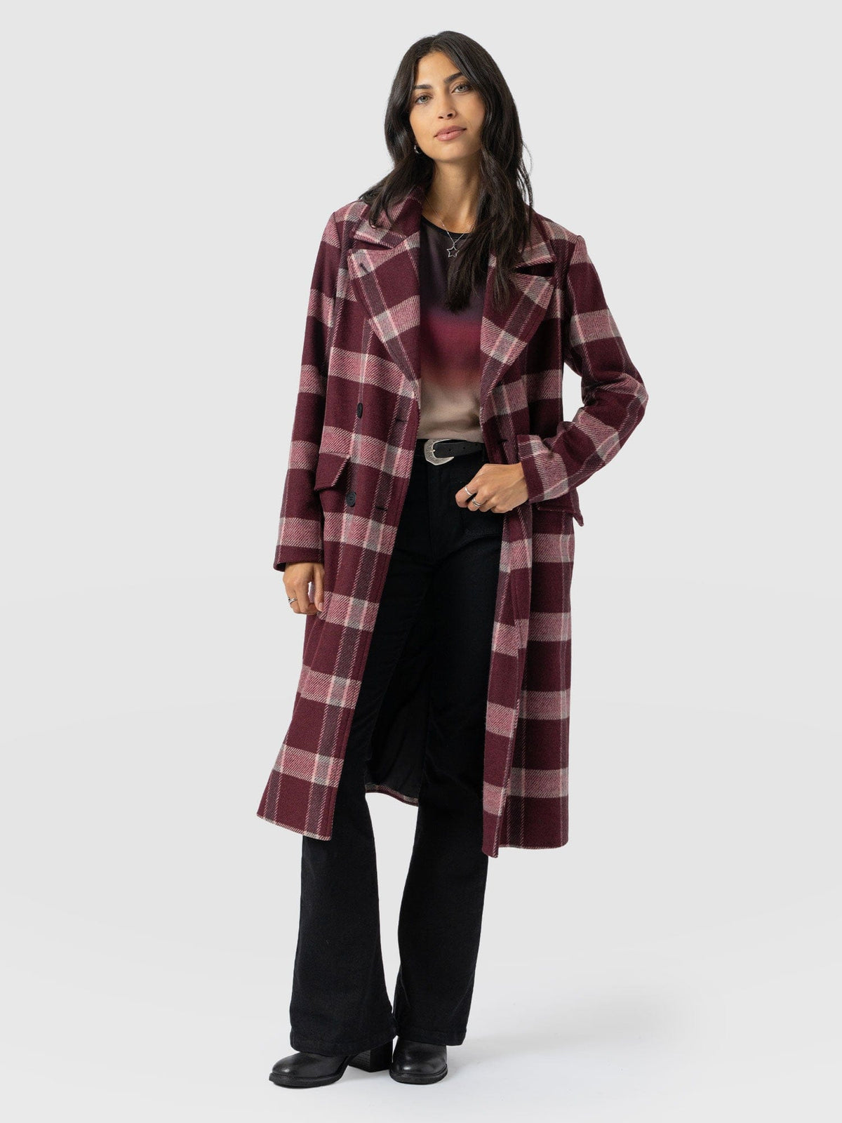 Hampton Coat - Burgundy/Pink Check