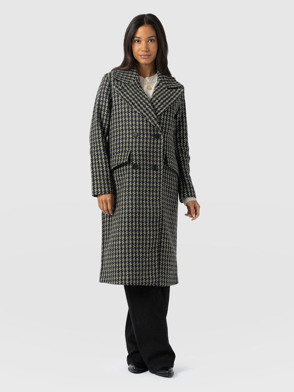 Hampton Coat - Olive Houndstooth