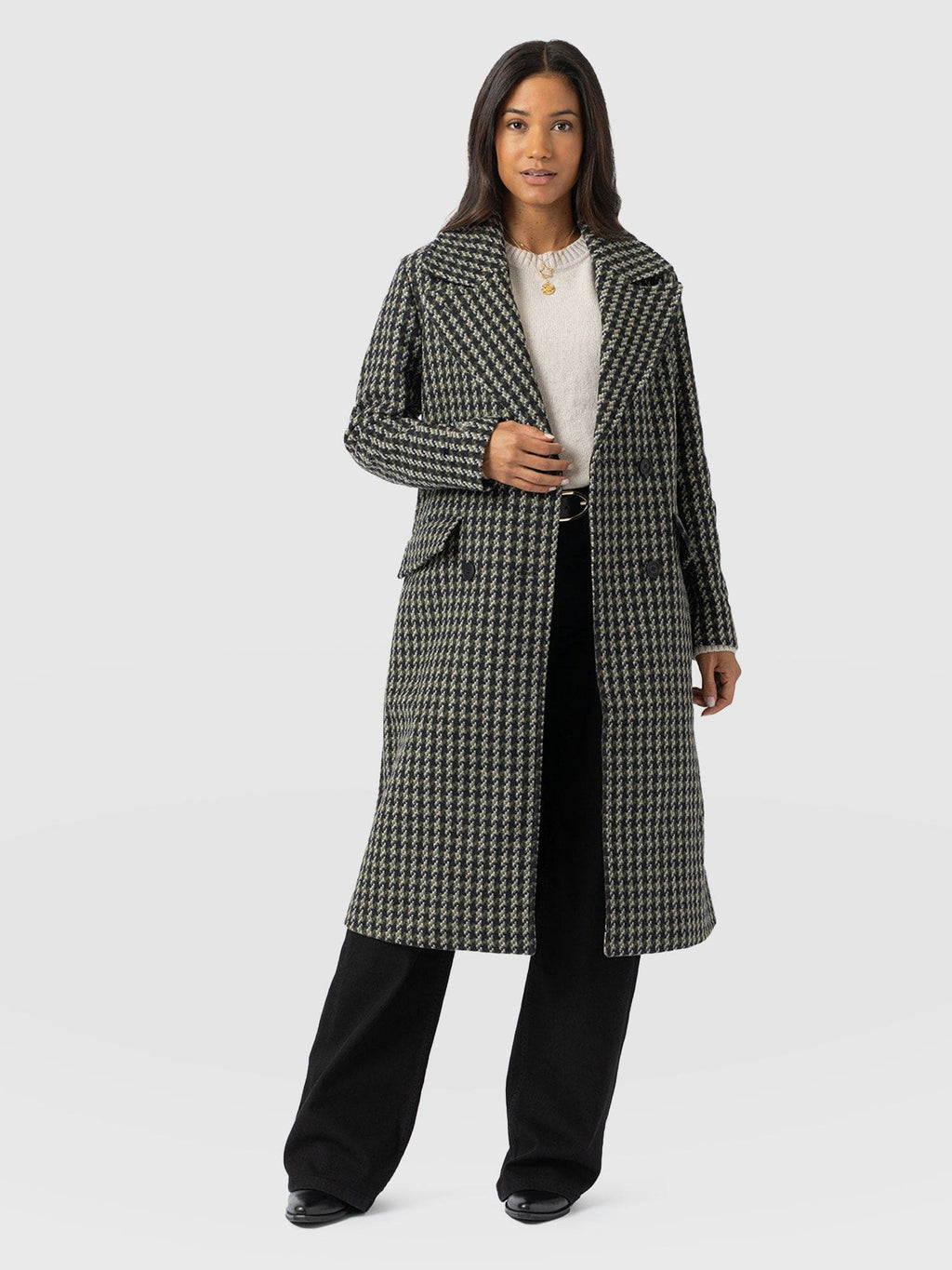 Hampton Coat - Olive Houndstooth