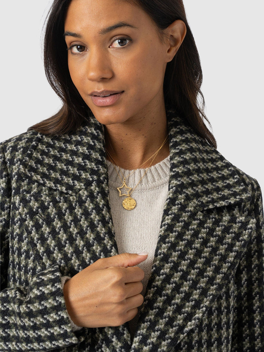 Hampton Coat - Olive Houndstooth