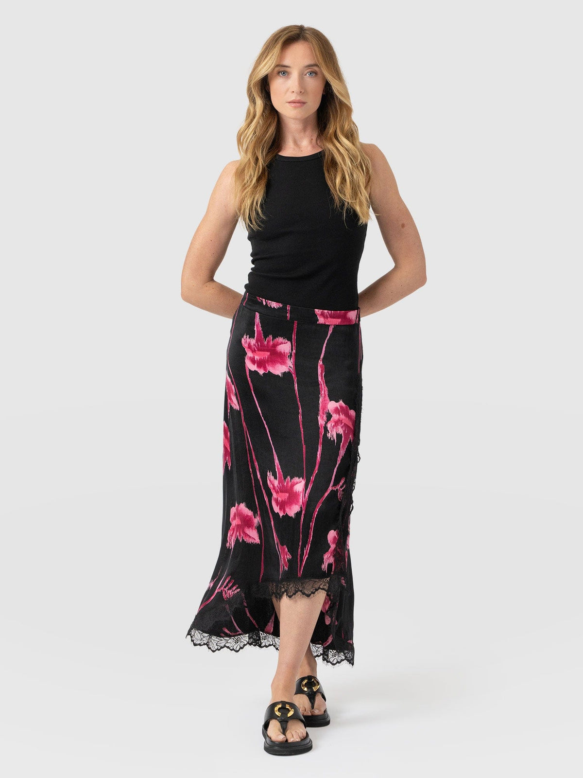 Harper Lace Midi Skirt - Pink Stem Floral