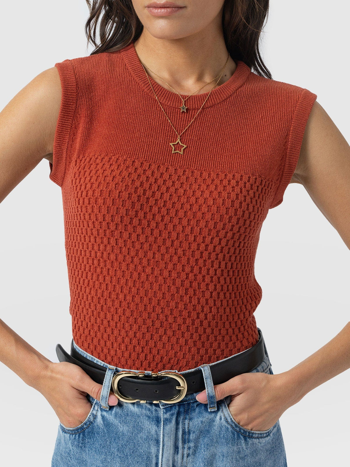 Honeycomb Sleeveless Rib Knit - Burnt Orange