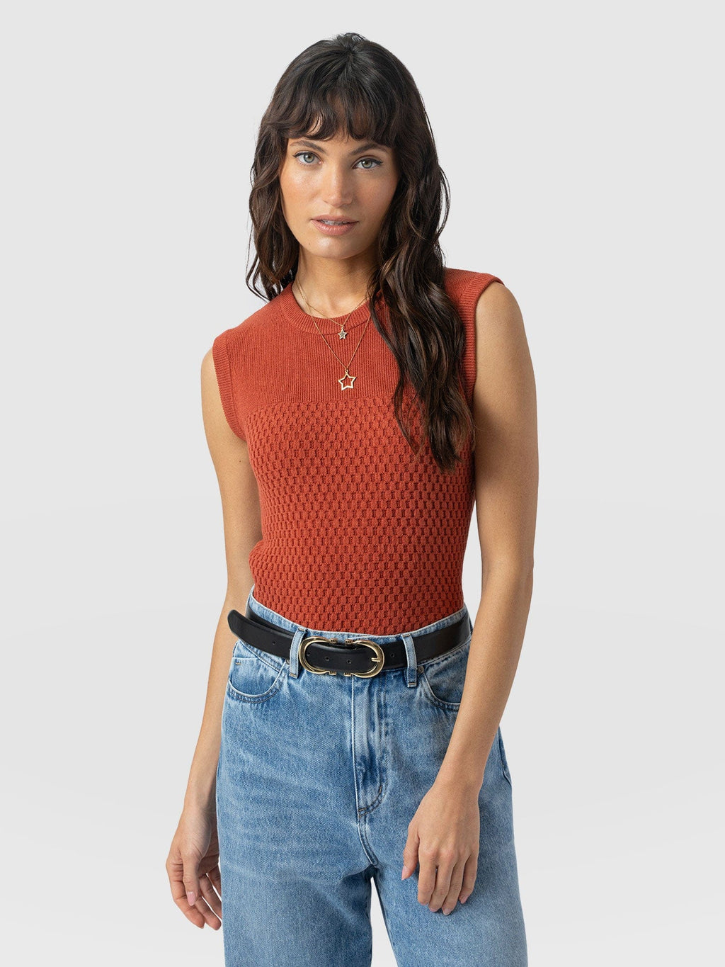 Honeycomb Sleeveless Rib Knit - Burnt Orange