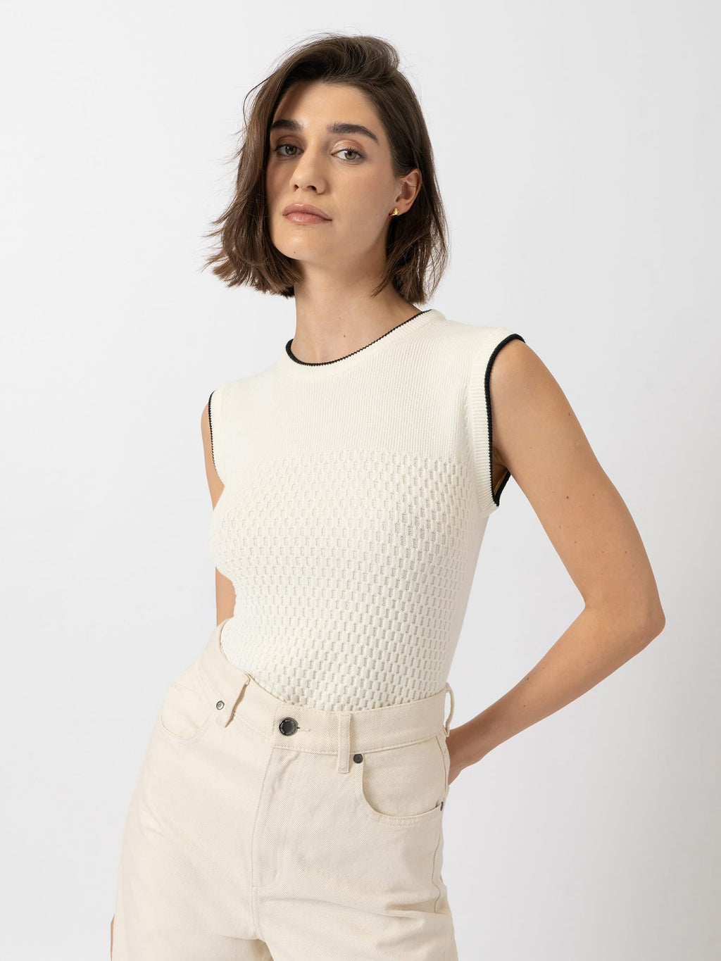 Honeycomb Sleeveless Rib Knit  - Cream
