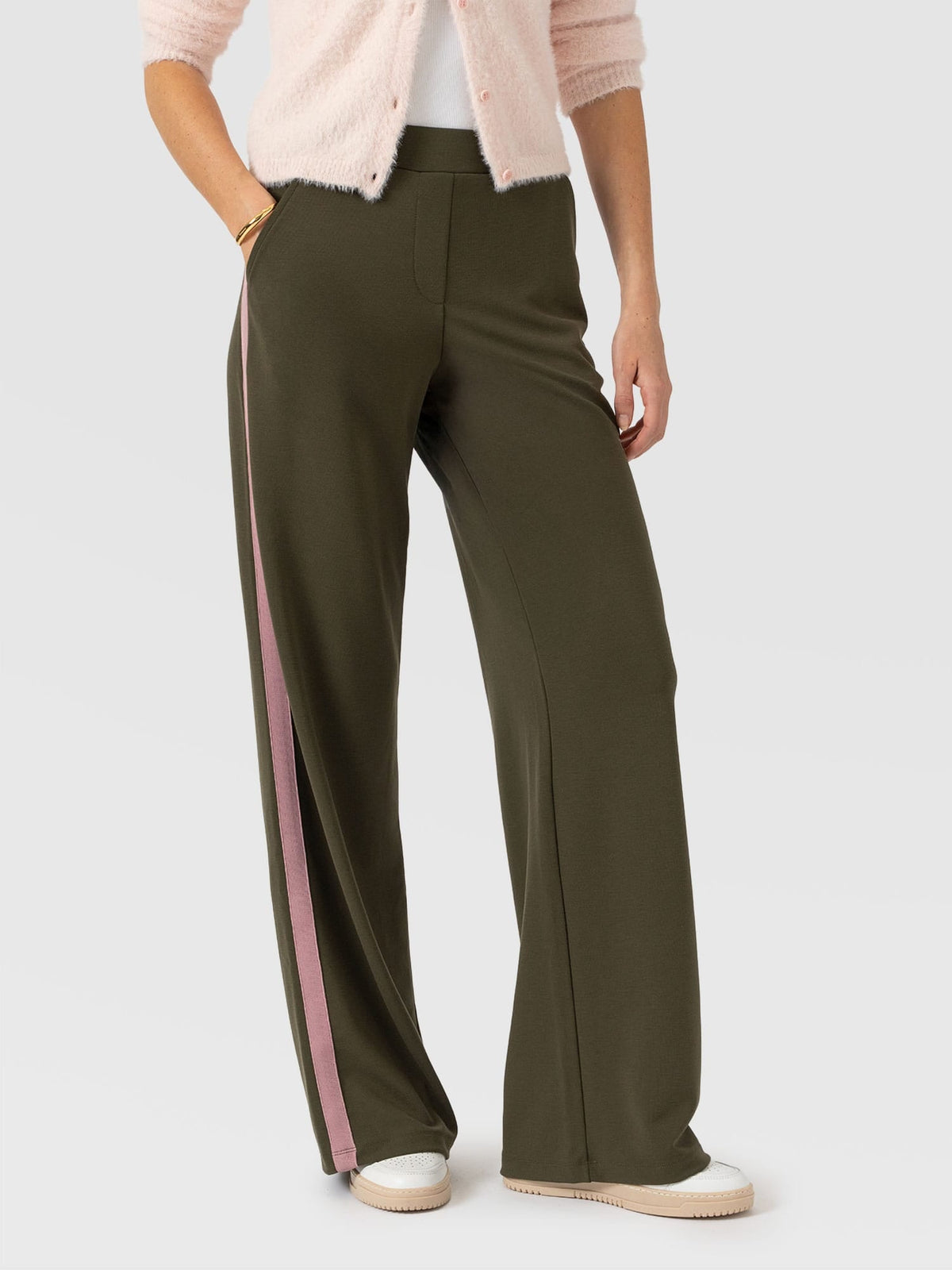 Hoxton Wide Leg Pant - Khaki - Pink Stripe