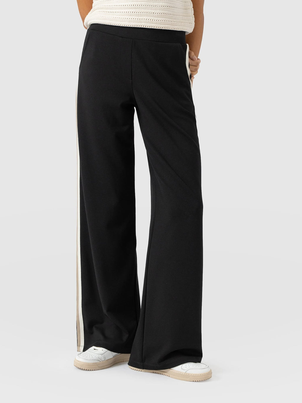 Hoxton Wide Leg Pant - Black - Cream/Beige Stripe