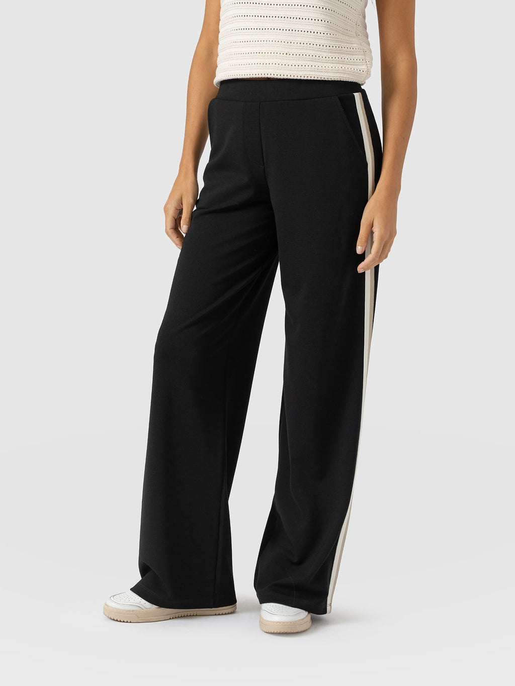Hoxton Wide Leg Pant - Black - Cream/Beige Stripe