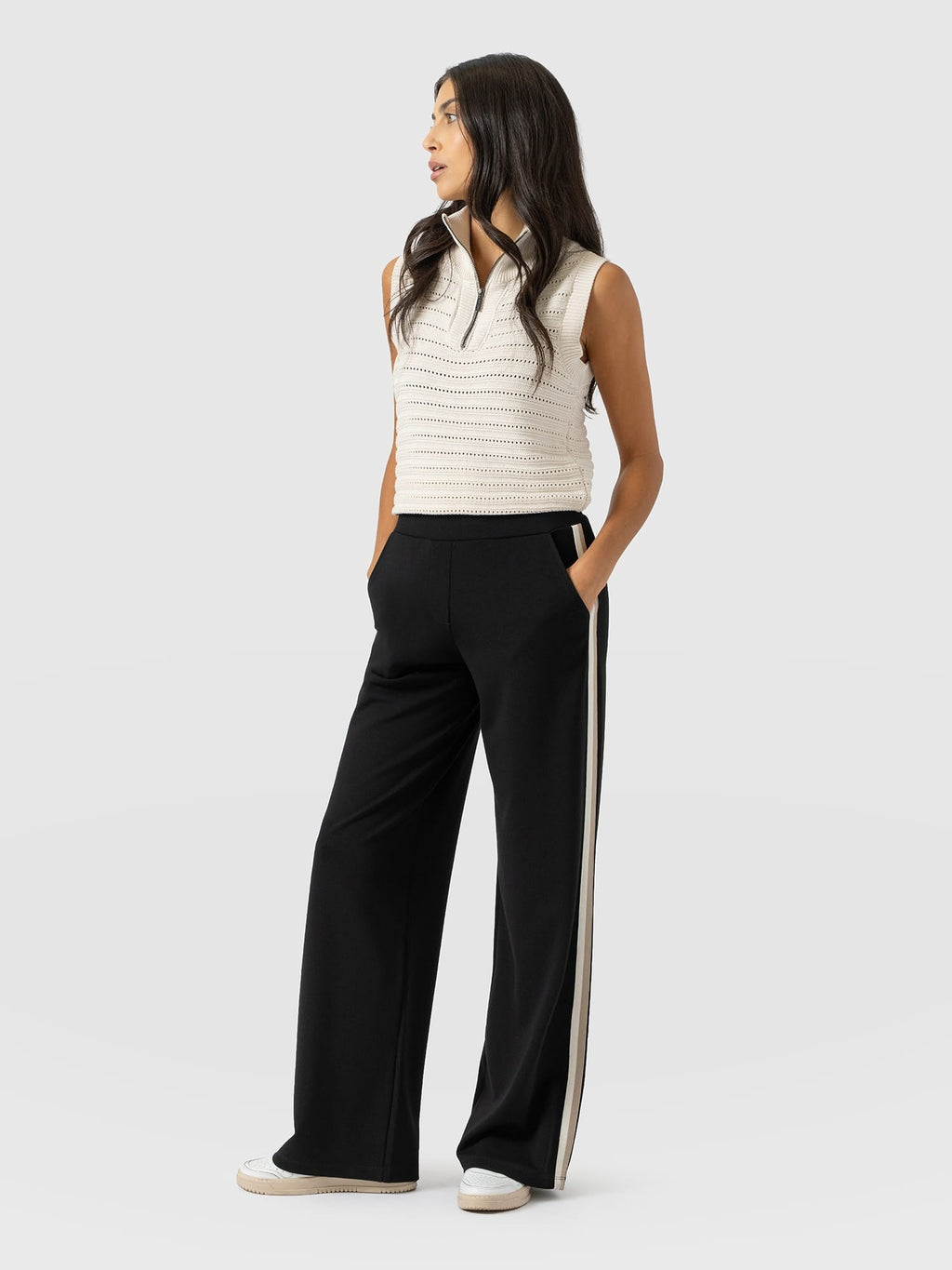 Hoxton Wide Leg Pant - Black - Cream/Beige Stripe