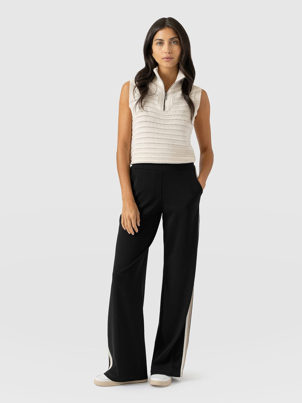 Hoxton Wide Leg Pant - Black - Cream/Beige Stripe
