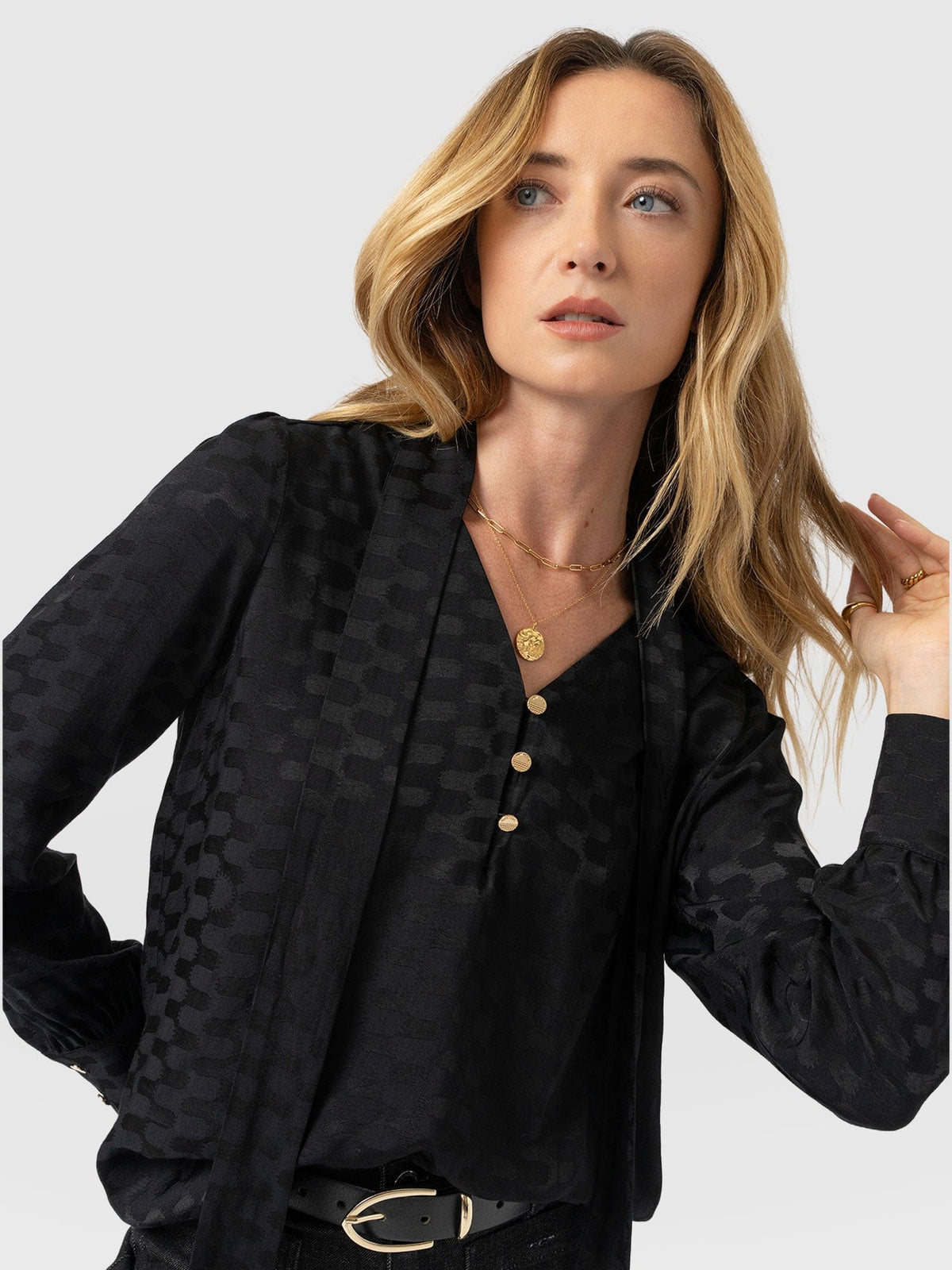 Joselyn V Neck Blouse - Black Jacquard