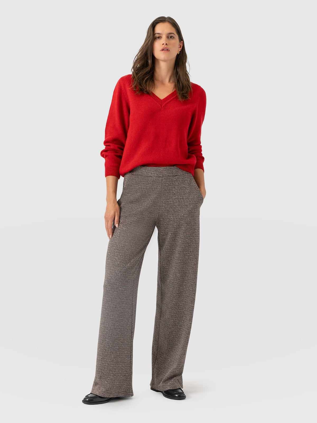 Keller Wide Leg Pant - Beige/Burgundy Check