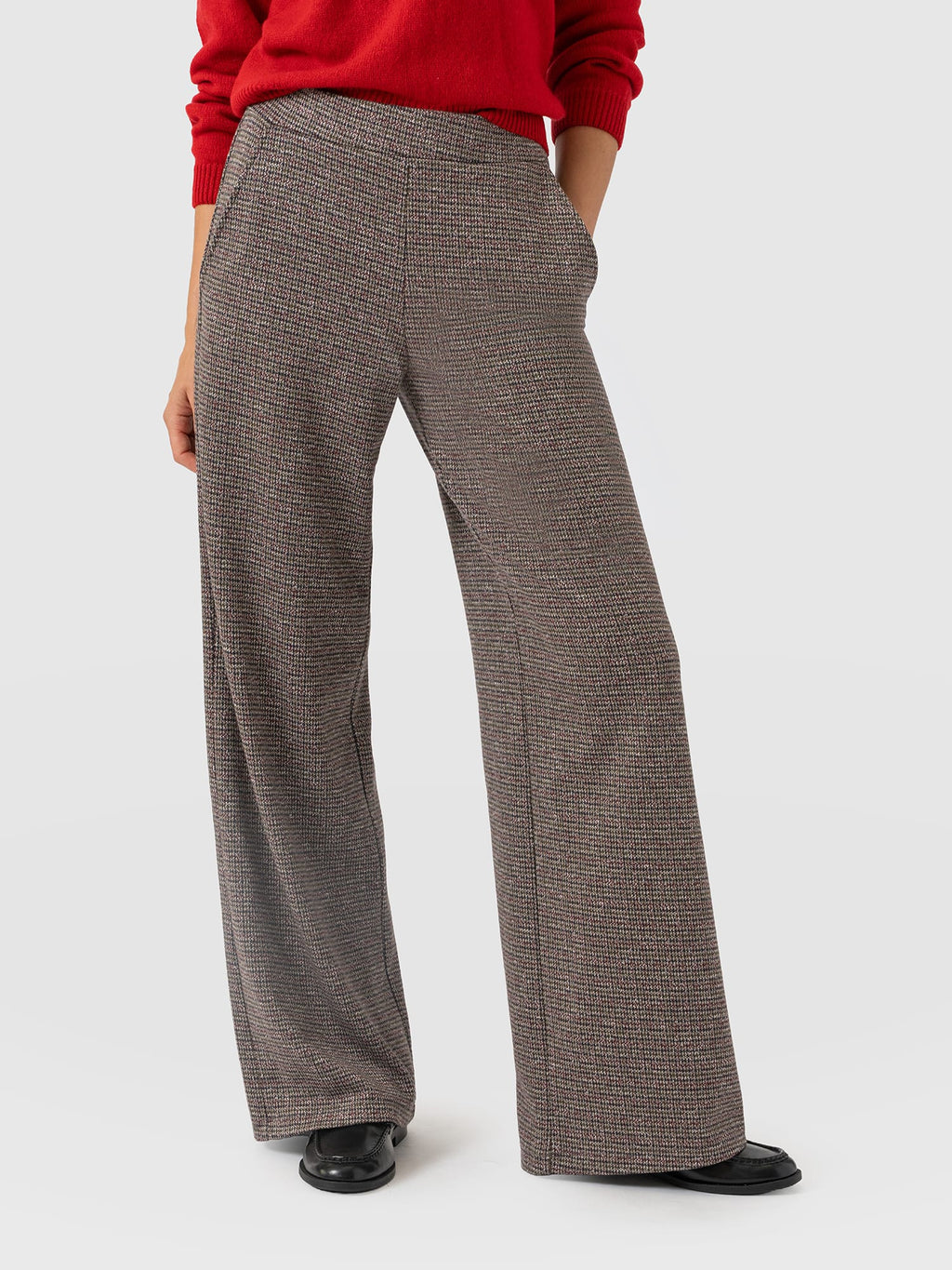 Keller Wide Leg Pant - Beige/Burgundy Check