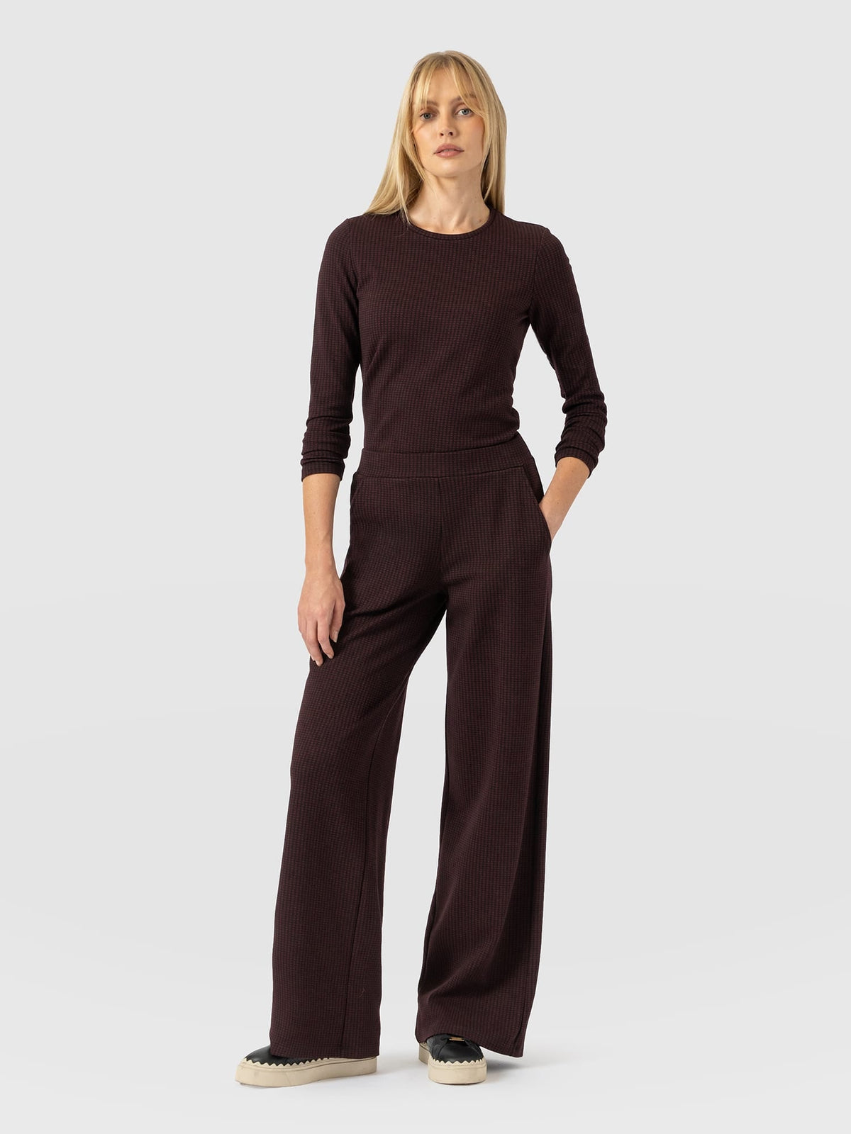 Keller Wide Leg Pant - Burgundy Mini Houndstooth