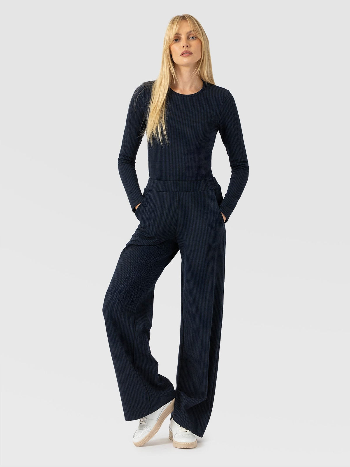 Keller Wide Leg Pant - Navy Mini Houndstooth