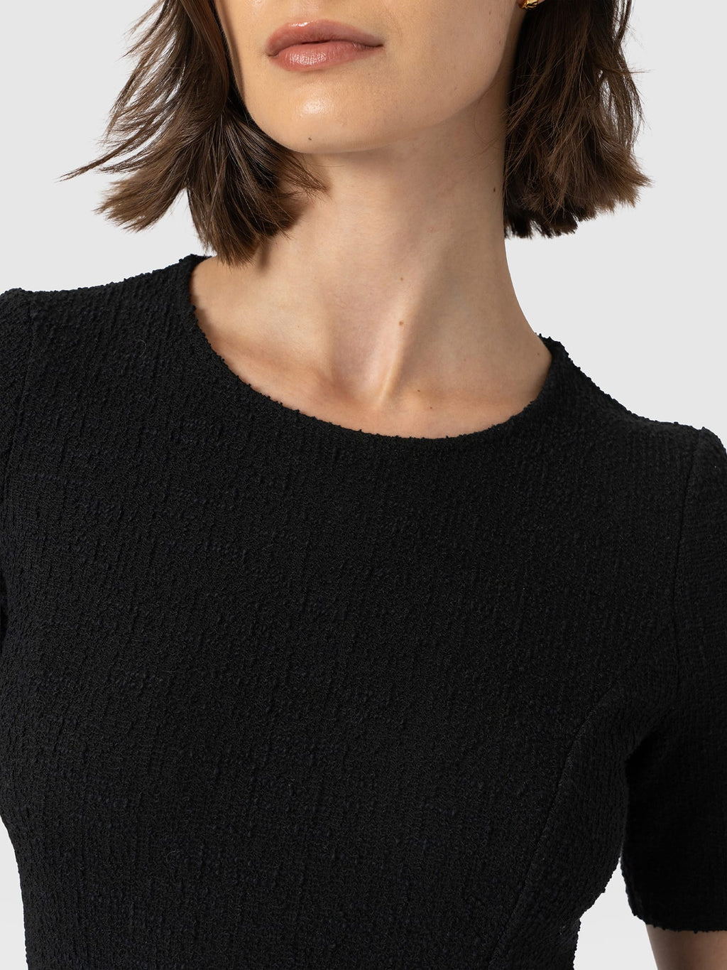 Lana Pleated Short Sleeve Dress - Black Boucle