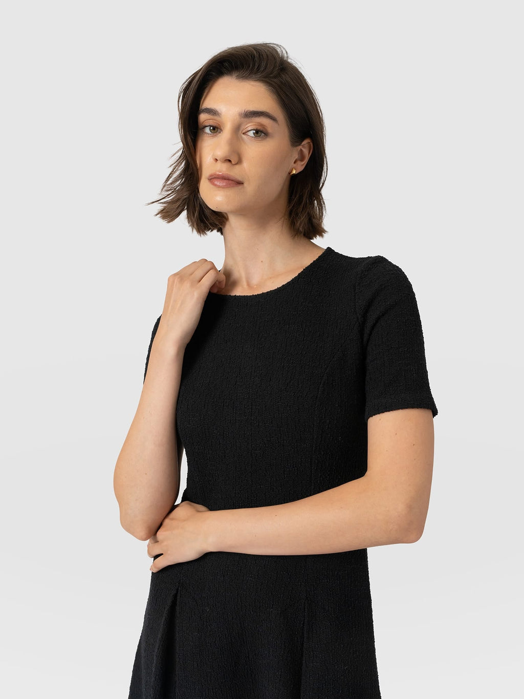 Lana Pleated Short Sleeve Dress - Black Boucle