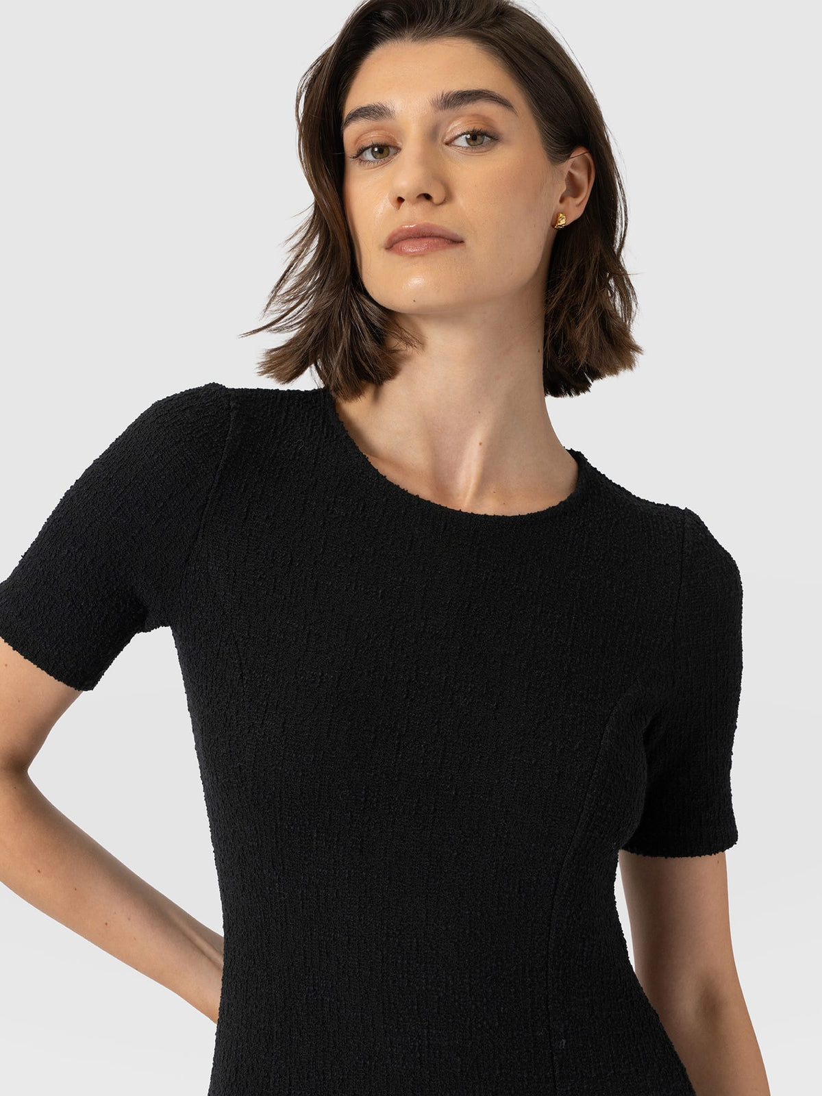 Lana Pleated Short Sleeve Dress - Black Boucle