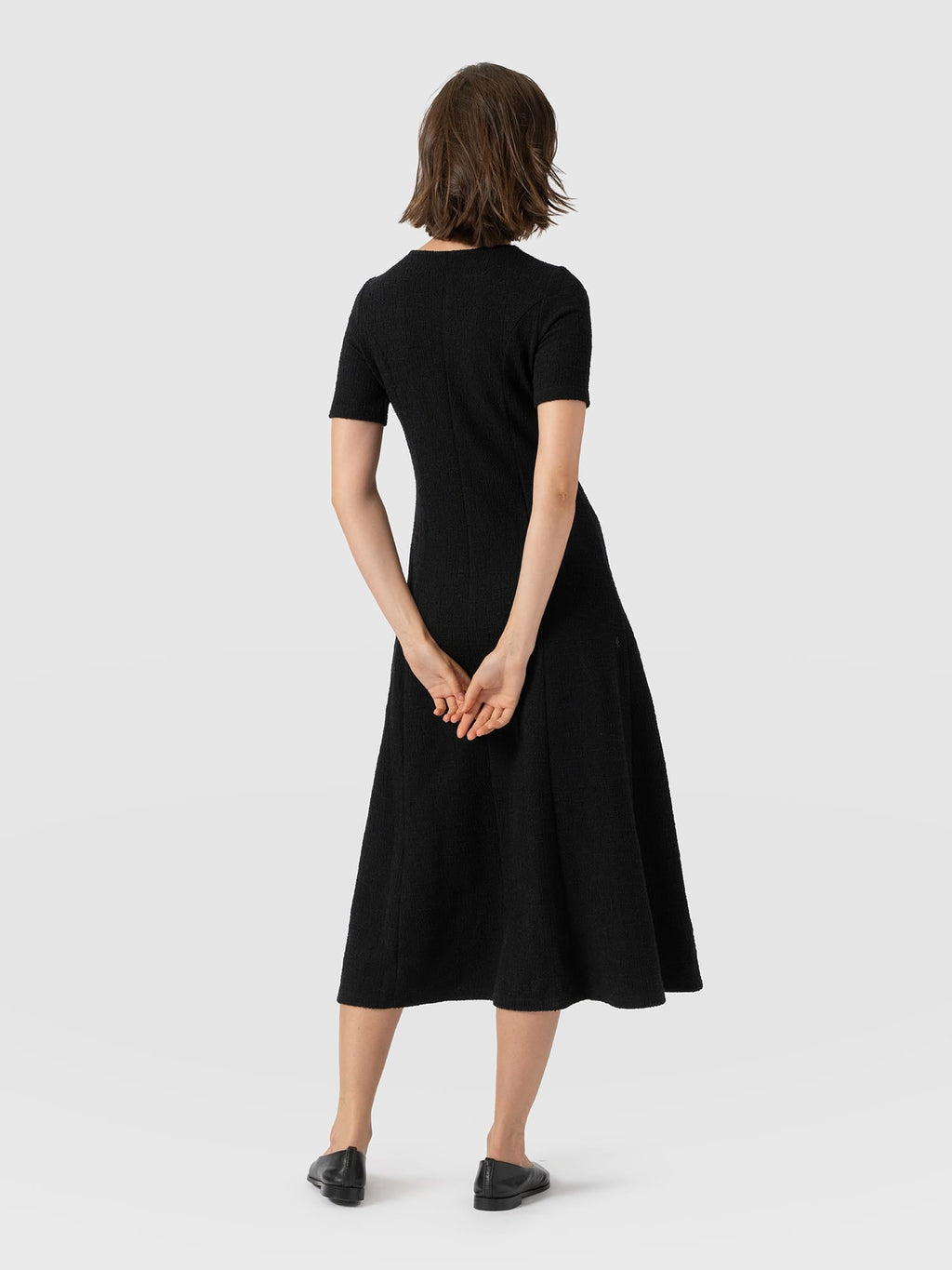 Lana Pleated Short Sleeve Dress - Black Boucle
