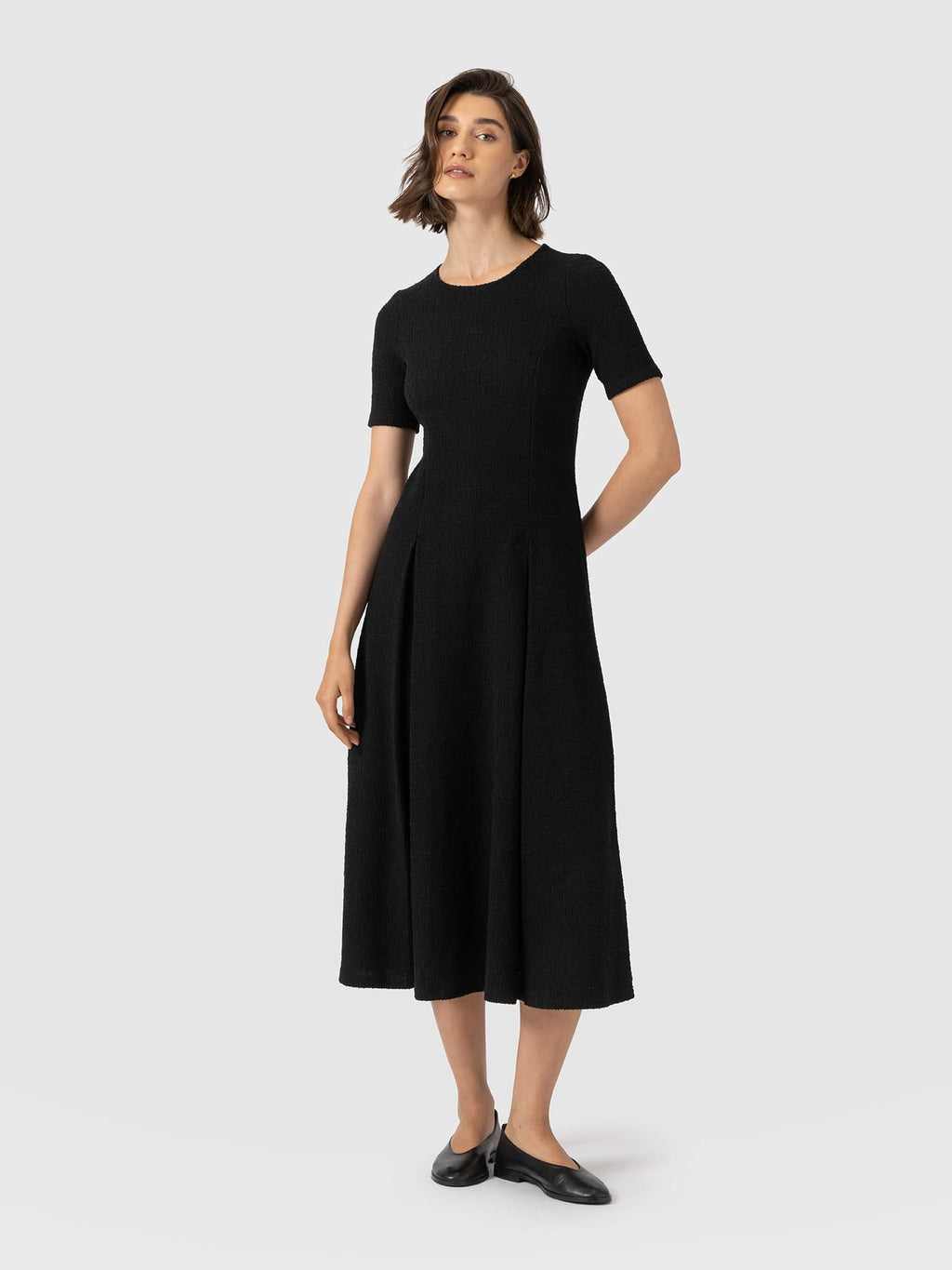 Lana Pleated Short Sleeve Dress - Black Boucle