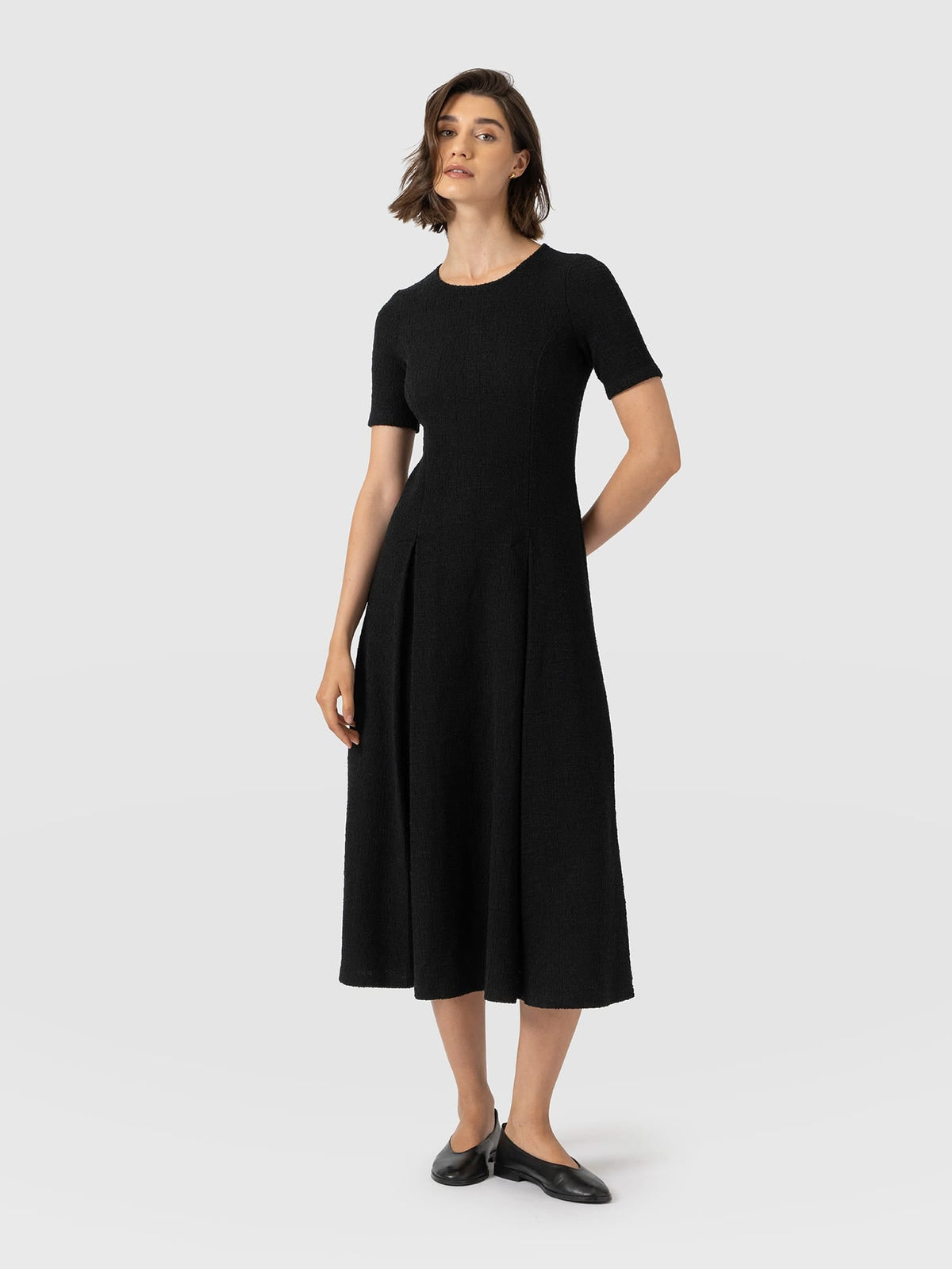 Lana Pleated Short Sleeve Dress - Black Boucle