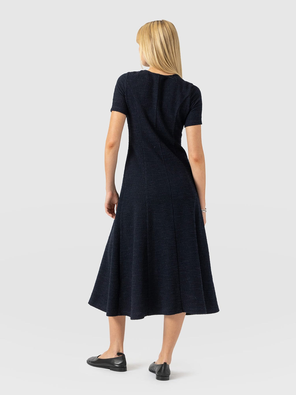 Lana Pleated Short Sleeve Dress - Navy Boucle