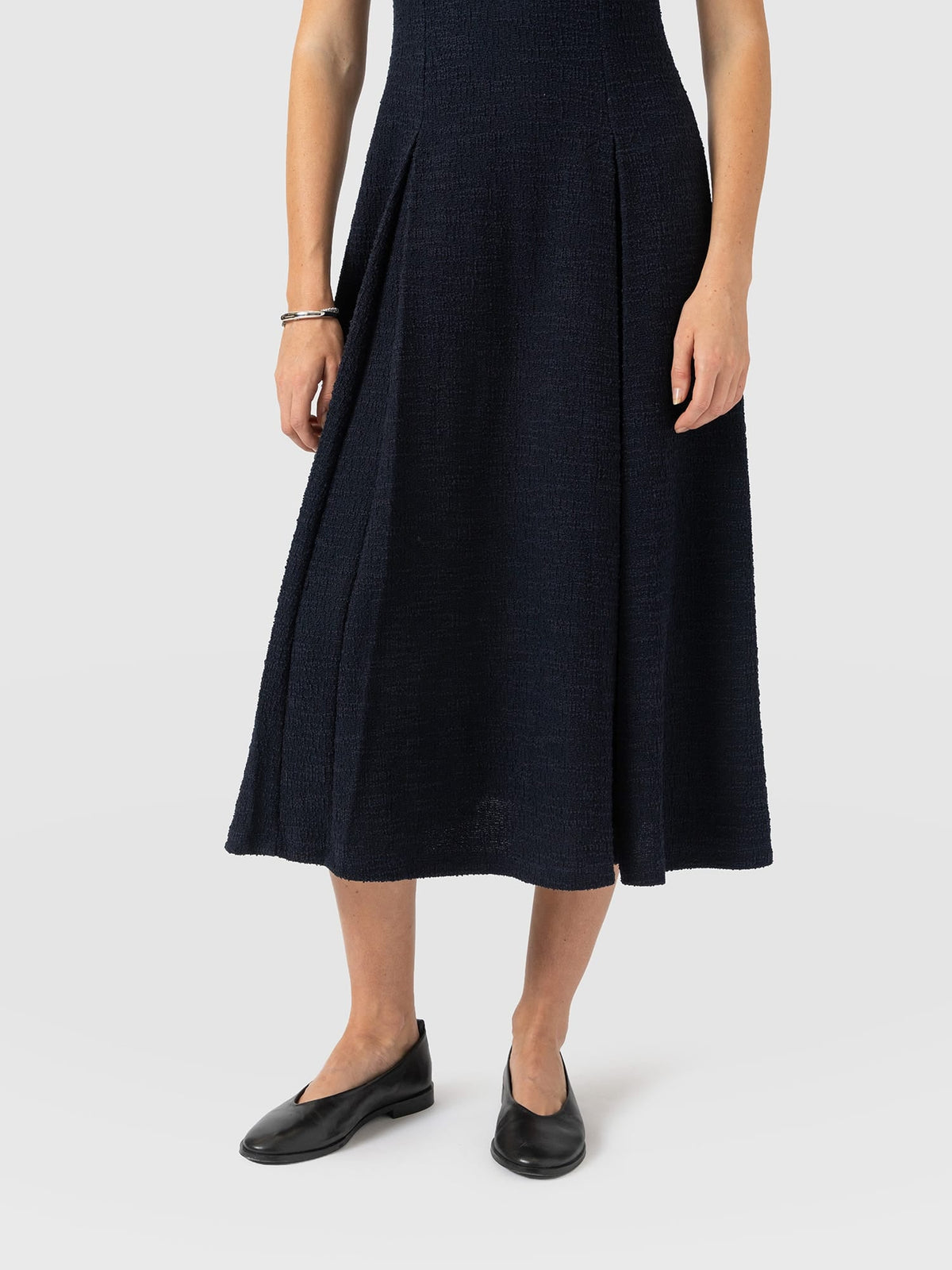 Lana Pleated Short Sleeve Dress - Navy Boucle