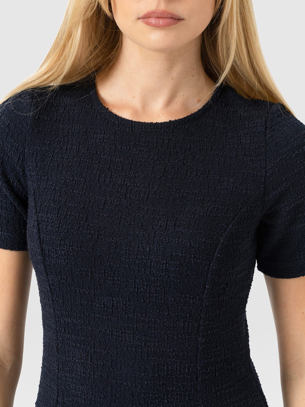 Lana Pleated Short Sleeve Dress - Navy Boucle