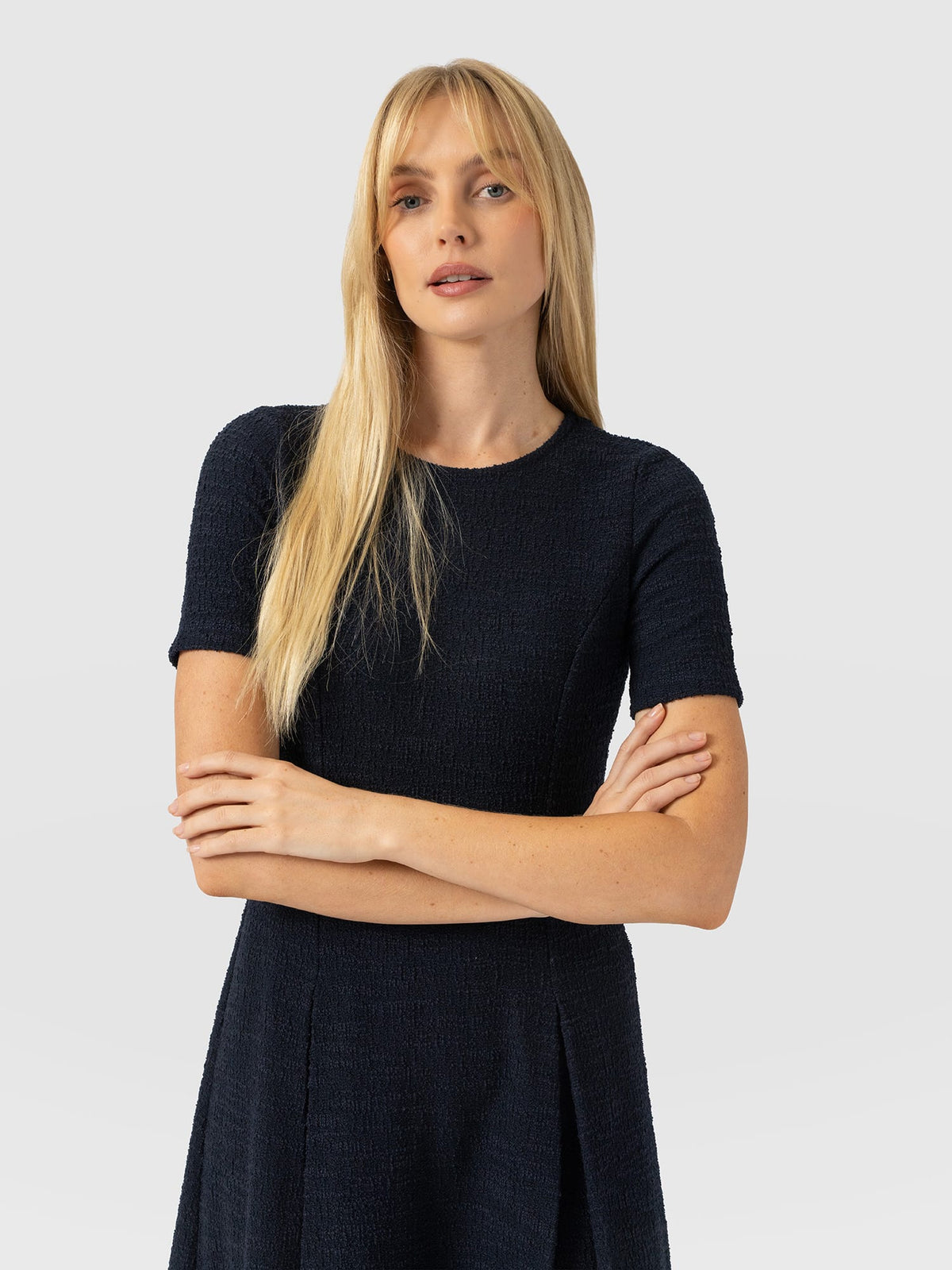 Lana Pleated Short Sleeve Dress - Navy Boucle