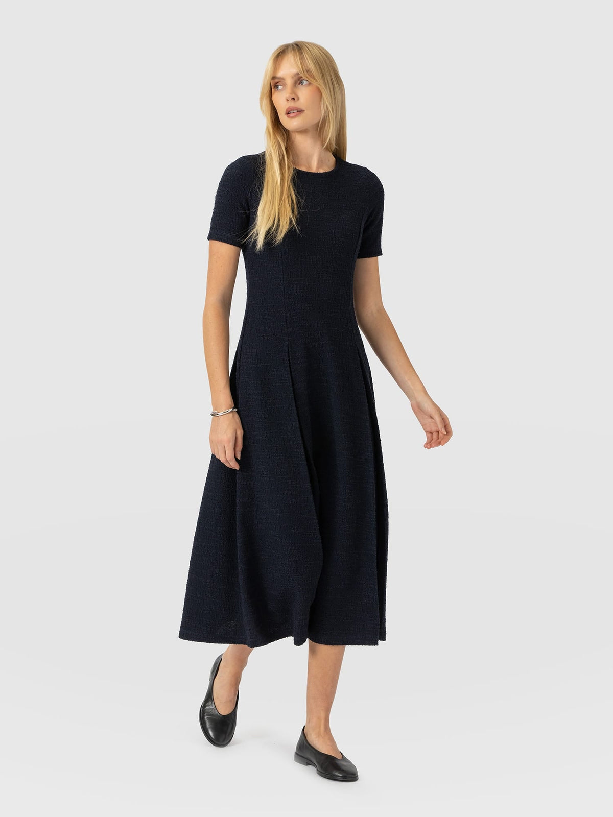 Lana Pleated Short Sleeve Dress - Navy Boucle