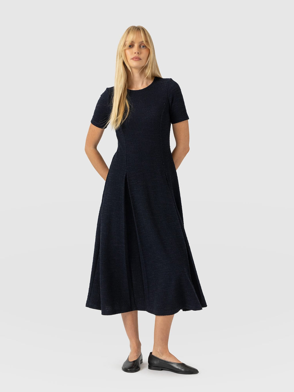 Lana Pleated Short Sleeve Dress - Navy Boucle