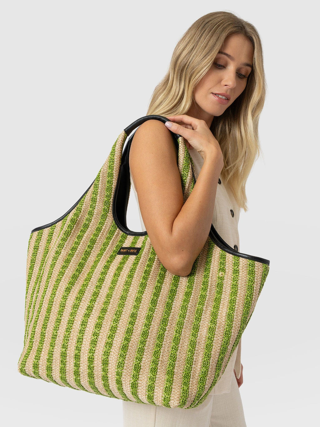 Large Stella Shoulder Tote Bag - Green Raffia
