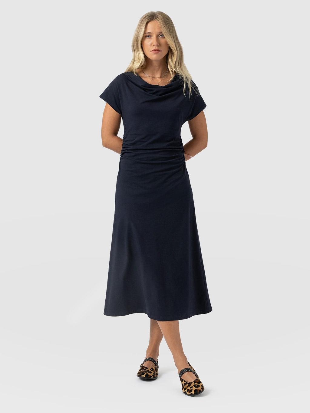 Laurie Cowl Neck Dress - Navy