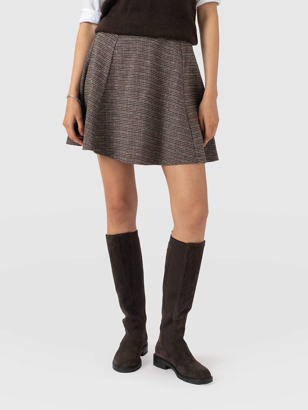 Macie Mini Skirt - Beige/Burgundy Check