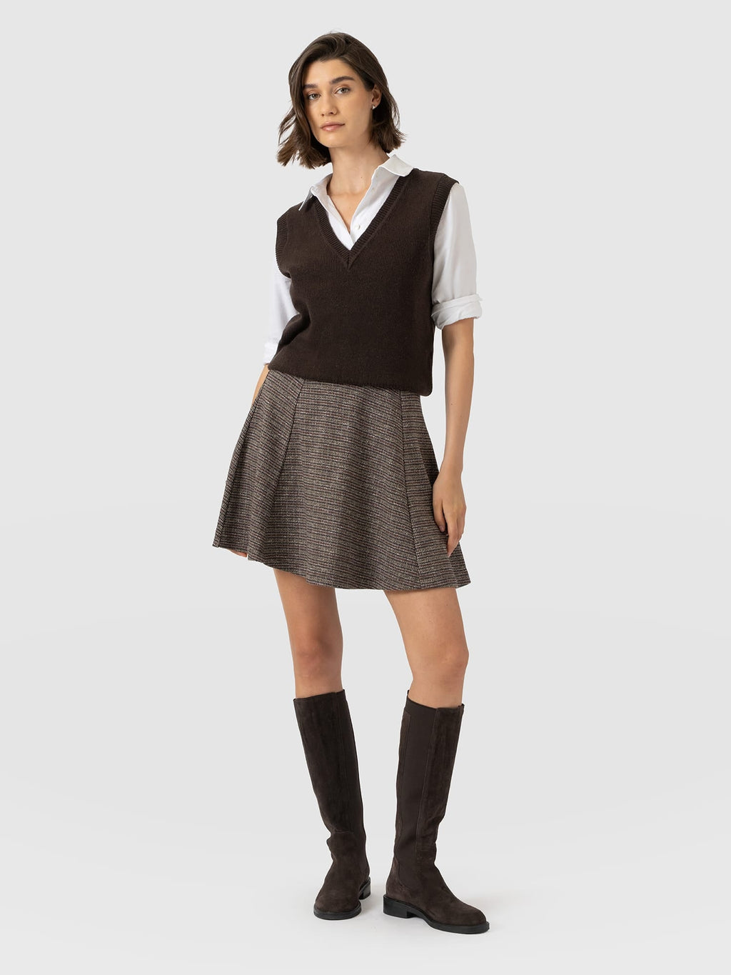Macie Mini Skirt - Beige/Burgundy Check