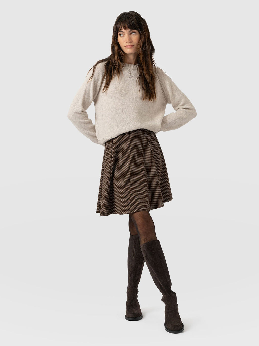 Macie Mini Skirt - Brown Mini Houndstooth