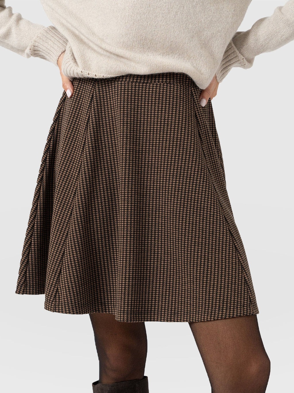 Macie Mini Skirt - Brown Mini Houndstooth